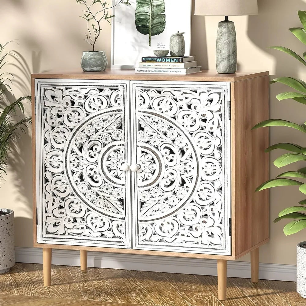 Accent Cabinet with 2 Doors, Carved Decorative Sideboard with Adjustable Shelf, Free-Standing Wood  Cabinet for