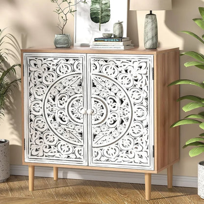 Accent Cabinet with 2 Doors, Carved Decorative Sideboard with Adjustable Shelf, Free-Standing Wood  Cabinet for