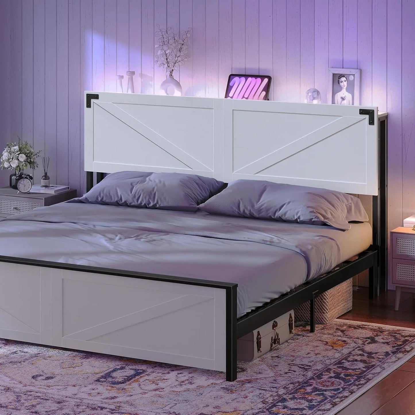 King Size Headboard with USB Ports, LED Lights, Storage Shelf and Bed Frame Adapter in White/Black