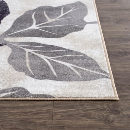Solana Modern Floral 6'7" x 9'0" Area Rugs Non-Skid (Non-Slip) Rubber Backing Black Gray Flowers Indoor Rug