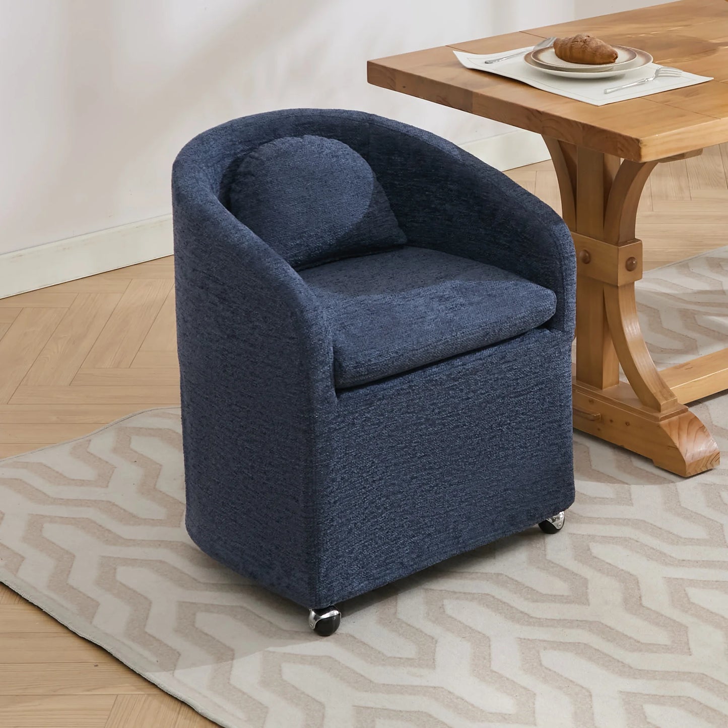 Set of 2 Chenille Fabric Dining Chairs With Universal Wheels