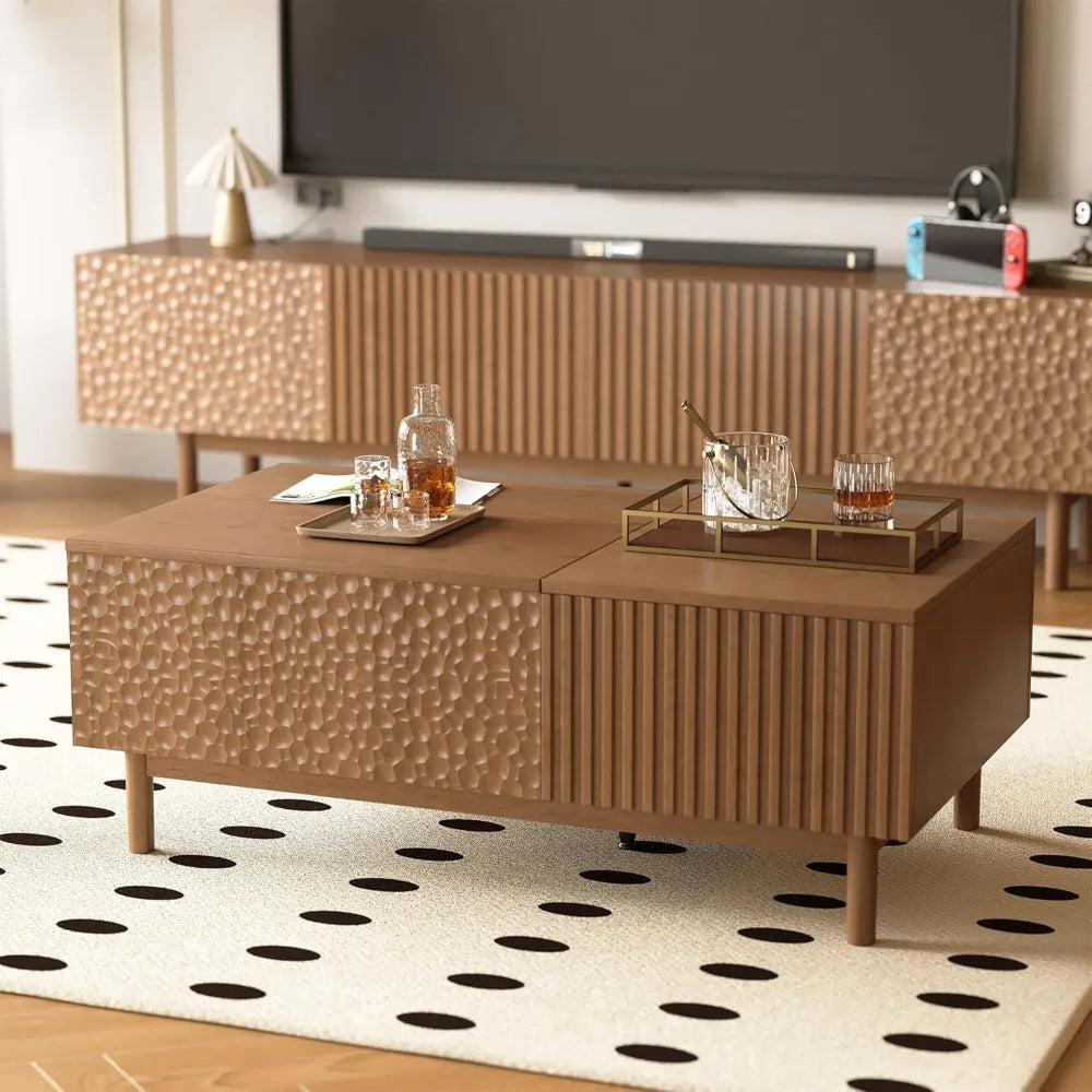 Mid-Century Modern Walnut Rectangular Coffee Table with Lift Top Storage and Drawers