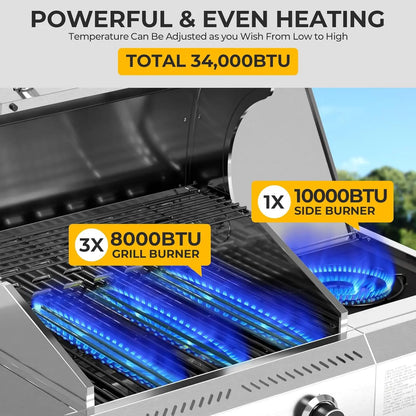 Outdoor Propane Gas Grill with 34,000 BTU Output, 3 Main Burners and a Side Burner, All Stainless Steel Construction, Cast Iron Cooking Grates, Portable Cart with Wheels, Perfect for Backyard, Patio, and Camping Barbecues