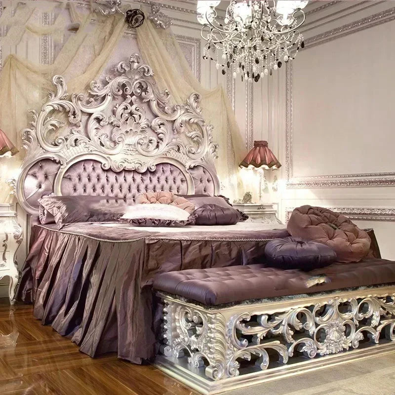 Master Modern Bed Large Princess Vintage Carved Girl Queen Bed Double Luxury Confortable European