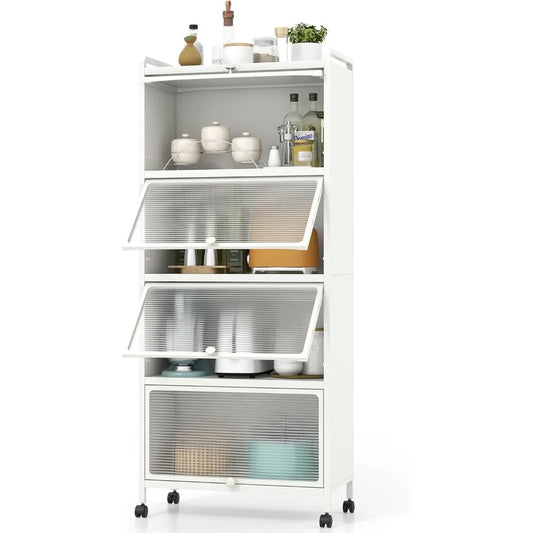 5-Tier Mobile Kitchen Storage Cabinet, Flip Door Cabinets, Bread Rack, Coffee Stand, Bakers Rack with 4 Lockable Casters for Di