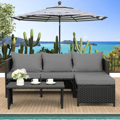3-Piece Outdoor PE Rattan Furniture Set Patio Black Wicker Conversation Loveseat Sofa Sectional Couch Gray Cushion