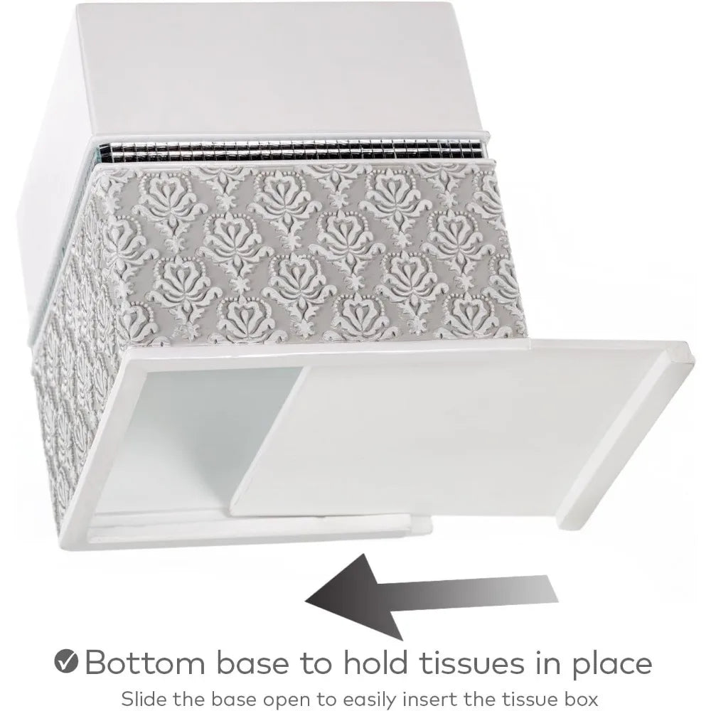 6 Piece Mirror Damask White and Gray Bathroom Accessories Set