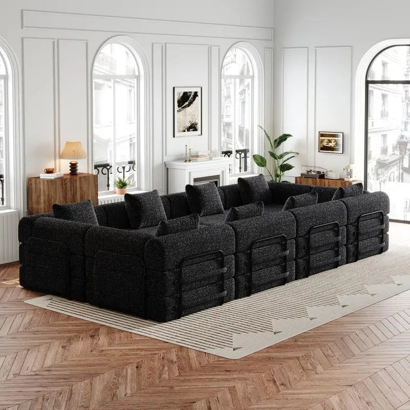 8-Seater Convertible Chenille Sofa Bed with Side Storage Pockets, Foldable for Living Rooms, Bedrooms, and Studies, Carpeted