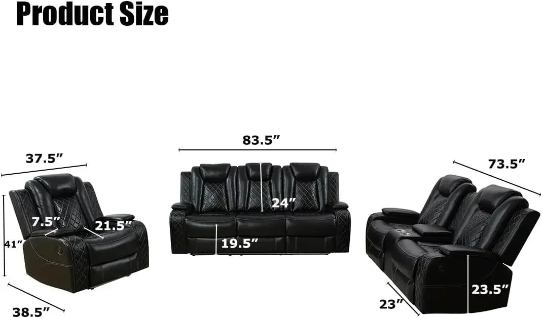 Hot salesPower Recliner Sofa Set, Black Leather 3 Pieces Sectional Couch, Living Room Furniture Sets with LED Light, Modern Powe