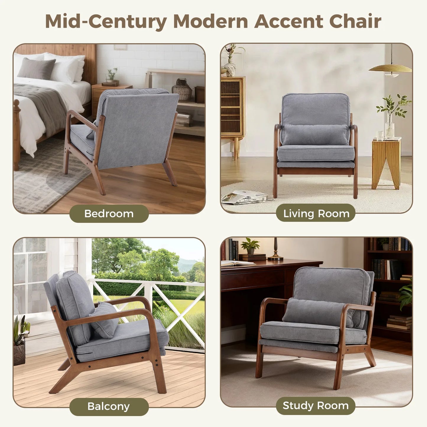 Mid Century Modern Chair Solid Wooden Frame Accent Chair with Arms and Waist Cushion Reading Chairs for Adults Lounge Chair