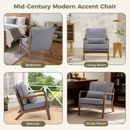 Mid Century Modern Chair Solid Wooden Frame Accent Chair with Arms and Waist Cushion Reading Chairs for Adults Lounge Chair