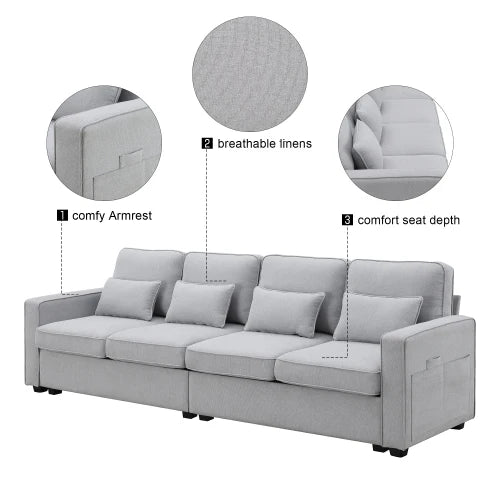 grey 104"4-Seater Modern Linen Fabric Sofa with 4 Pillows,Armrest Pockets,Minimalist Style Couch for Apartment,Living Room