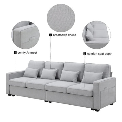 grey 104"4-Seater Modern Linen Fabric Sofa with 4 Pillows,Armrest Pockets,Minimalist Style Couch for Apartment,Living Room