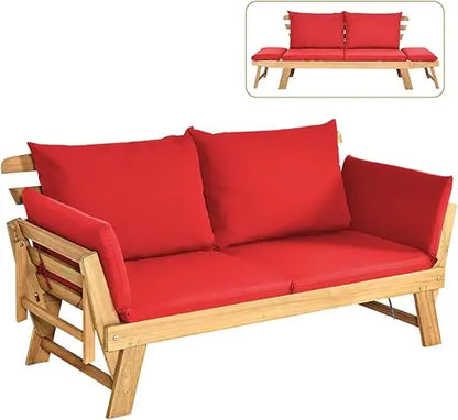 Convertible Acacia Wood Patio Couch Sofa Bed with Adjustable Armrest, Outdoor Daybed with Cushion & Pillows, Outside Folding Fu
