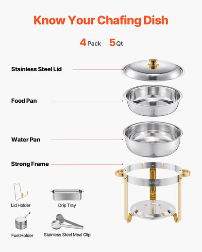 4 Pack Chafing Dish Buffet Set Stainless Steel Chafer w/4 Full Size Pan Round Catering Warmer Server for Party Banquets