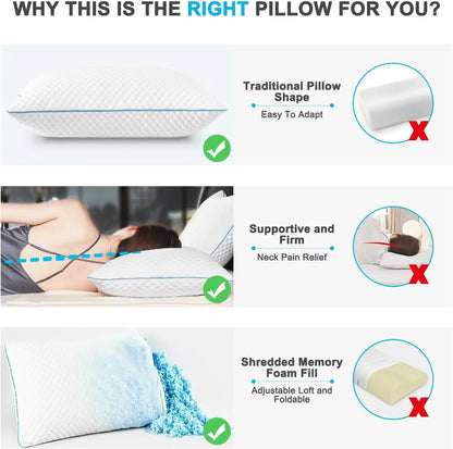King Size Cooling Pillows Set of 2, Adjustable Shredded Memory Foam for Side Back Stomach Sleepers, Gel Infused 20x36 Inches