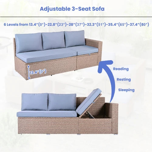 6-Piece Outdoor All Weather PE Rattan Sofa Set, Garden Patio Wicker Sectional Furniture Set with Adjustable Seat,Natural