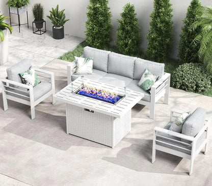 RPD4-QLayinSun Aluminum Furniture with Fire Pit Table. 5 Pieces Patio Sectional Conversation Chat Sofa Modern Seating Set