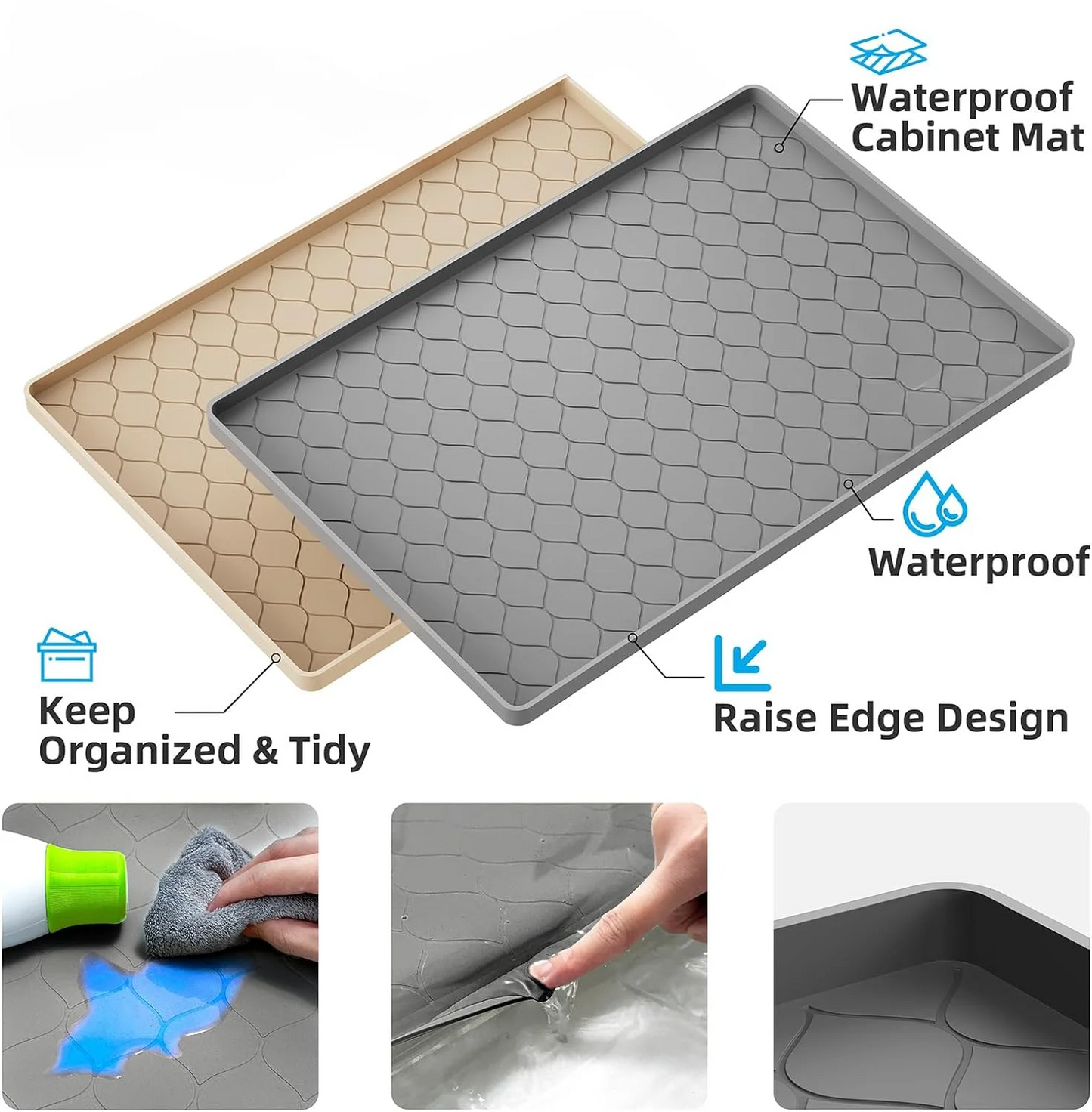 Waterproof Under Sink Mat -34” x 22” Cabinet Liner for Kitchen & Bathroom, Shelf Protector Silicone