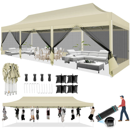 10x30FT Canopy Tent with 8 Sidewalls,Heavy Duty Pop up Canopy Party Tent with Mosquito Netting,Easy up Screen Canopy for Parties