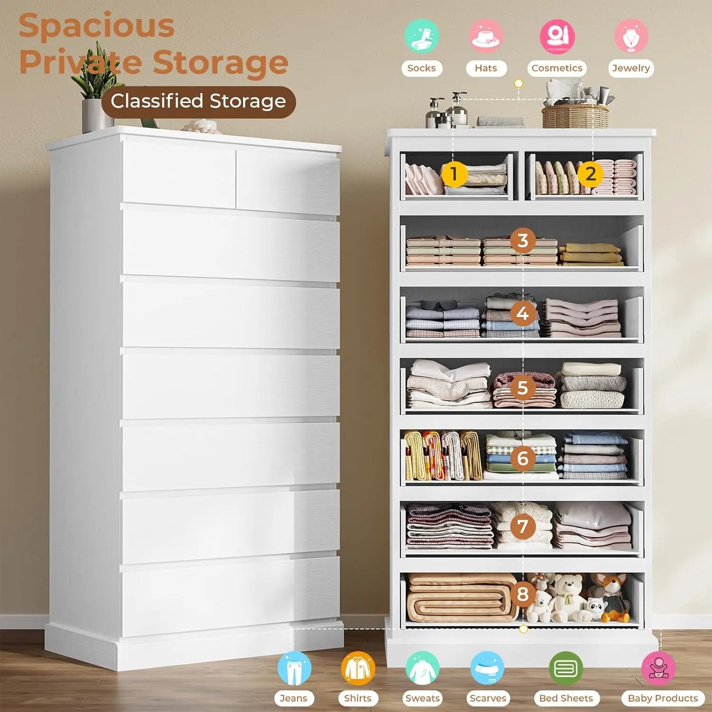 White Tall Chests of Drawers for Bedroom with 8 Drawers, 59.6" Tall