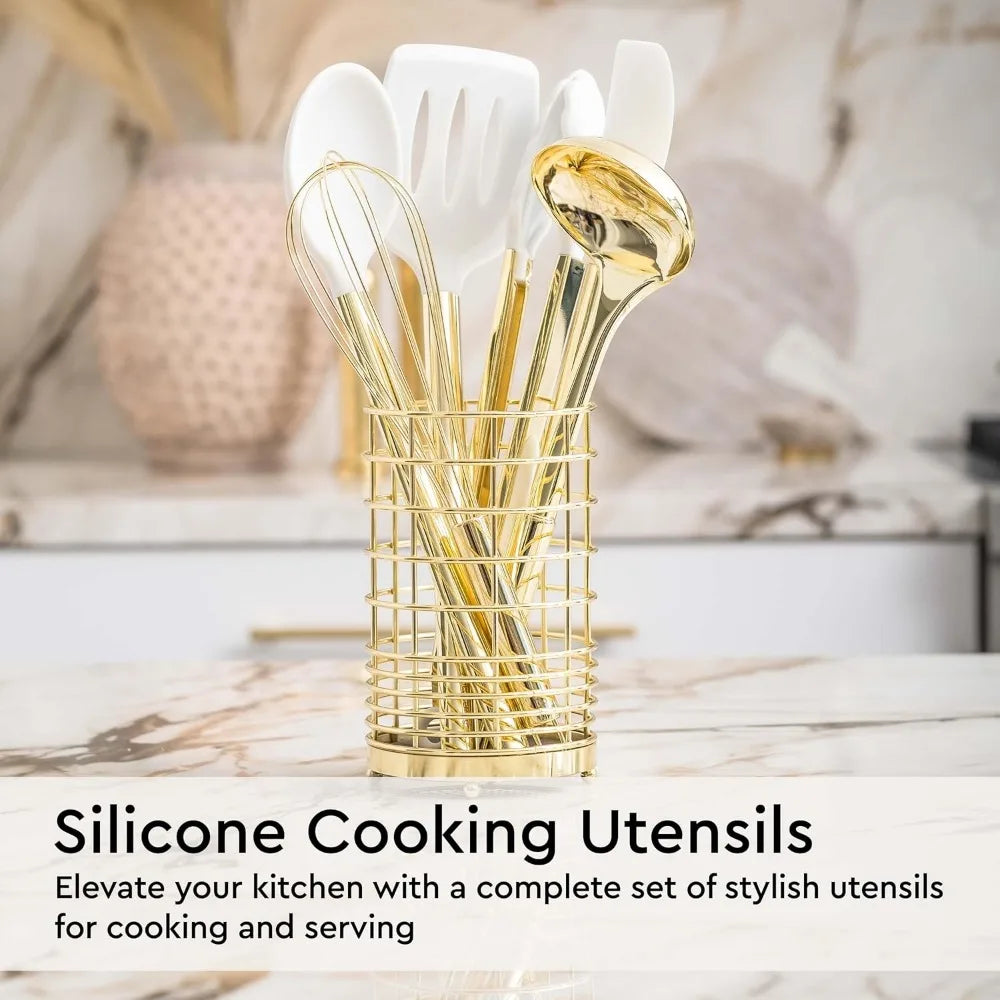 White and Gold Kitchen Utensils Set - 23-Piece Gold Kitchen Accessories Include Measuring Cups and Spoons Set, Silicone Utensils