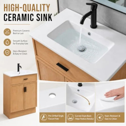 30 Inch Bathroom Vanity with Ceramic Sink and Countertop, Water-Resistant Wood Cabinet with 2 Soft-Closing Doors, White Finish