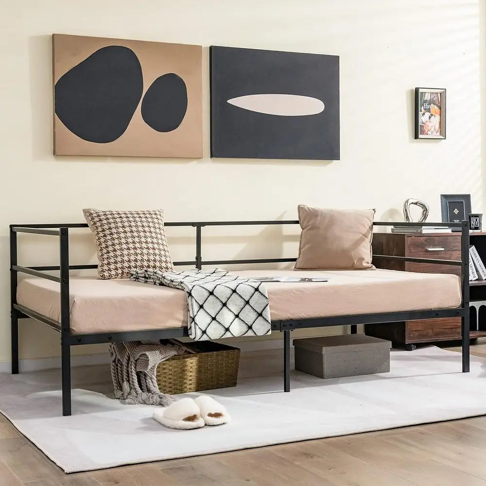 Metal Twin Daybed e, Day Bed with Metal Slat Support & 3-Sided Guardrails, 2-in-1 Space-Saving Soa Bed or Living Room Gt Room, N