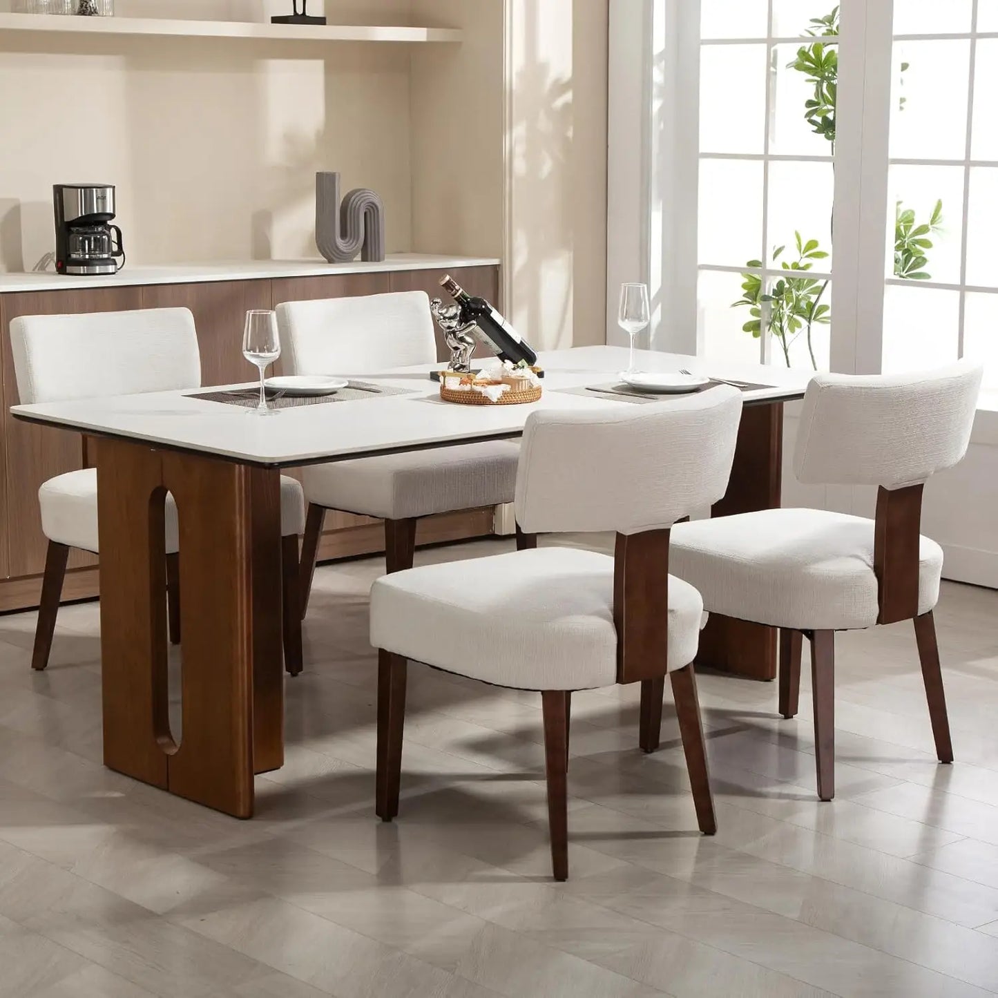 4-Pack Mid-Century Rattan Dining Chairs Fabric Upholstered with Black Wood Frame, Curved Back & Armless Design