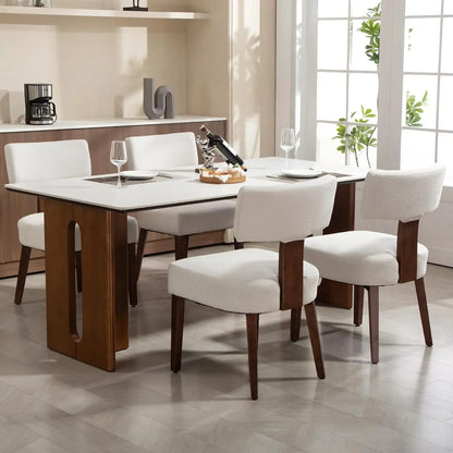 4-Pack Mid-Century Rattan Dining Chairs Fabric Upholstered with Black Wood Frame, Curved Back & Armless Design