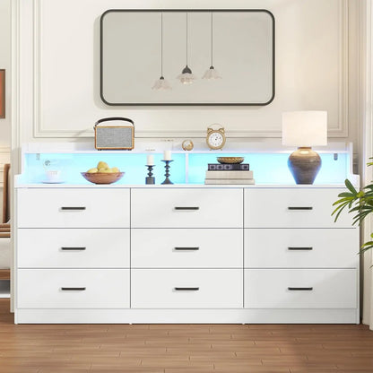 9 Drawer Dresser with Built-in Power Outlet, Mid Century Modern ,63'' Triple Wide
