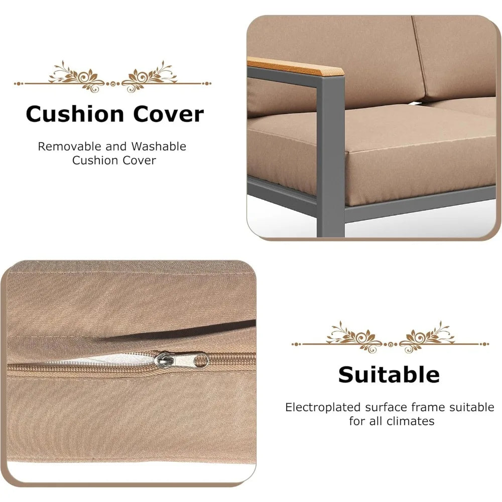 4-Piece Outdoor Patio Furniture Set, Metal Conversation Set with Cushions & Wood-Like Armrests, Modern Patio Sectional