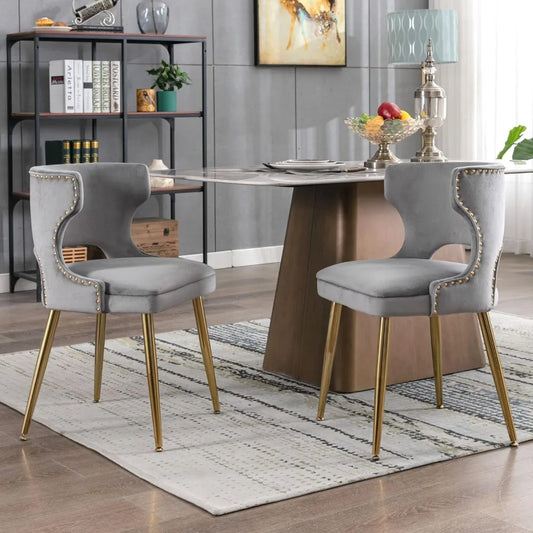 Grey Velvet Dining Chairs with Gold Legs Upholstered Dining Room Chairs Set of 2 Mid Century Modern Accent Chairs with Back Nail