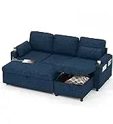 Sleeper Sofa Pullout Bed for Living Room.L Shaped Couch with Storage Chaise.USB.Cup Holder (Dark G