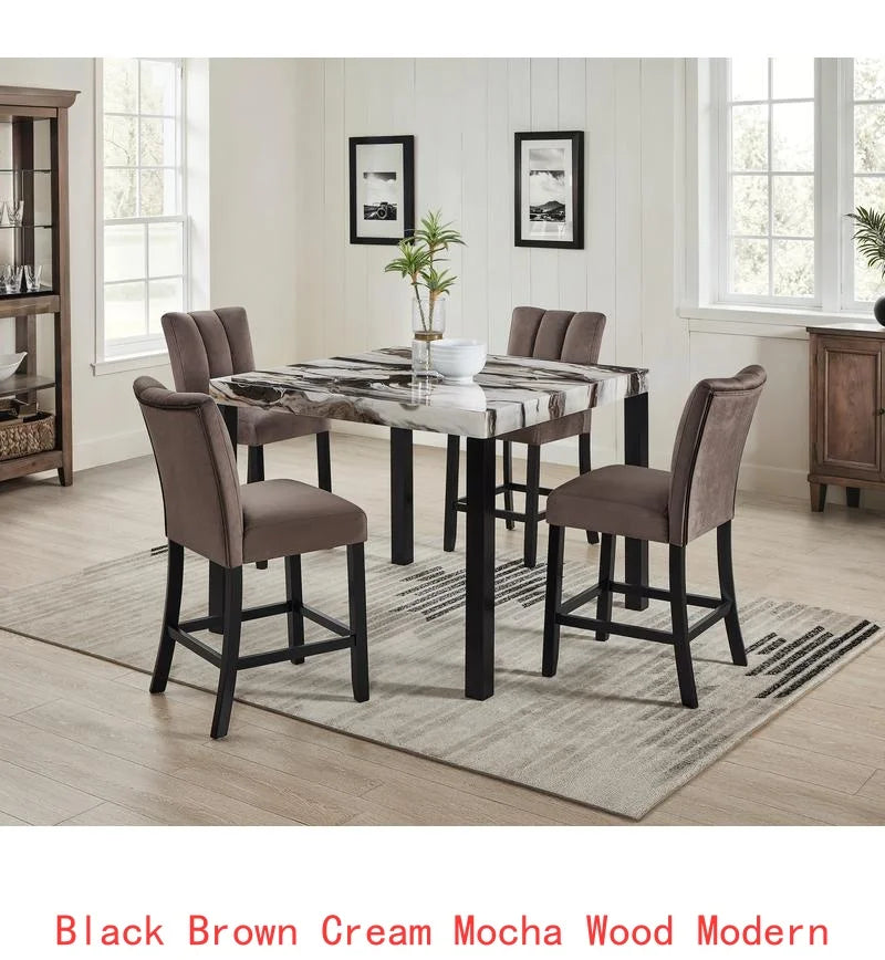 6-Piece Black Brown Faux Marble Dining Set with Square Table, Upholstered Curved Chairs, and Bench for Elegant Dining Room