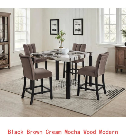 6-Piece Black Brown Faux Marble Dining Set with Square Table, Upholstered Curved Chairs, and Bench for Elegant Dining Room