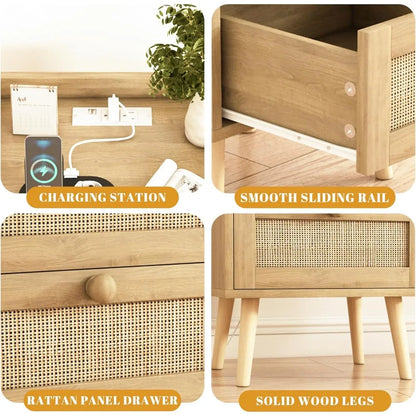 Rattan Nightstand with Charging Station Set of 2