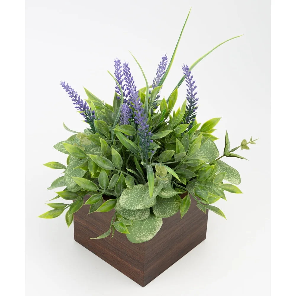 12 Inch Artificial Lavender Plant in Brown Wood Box Lifelike Eucalyptus Fig Leaves Indoor Decoration Perfect Home Office Party