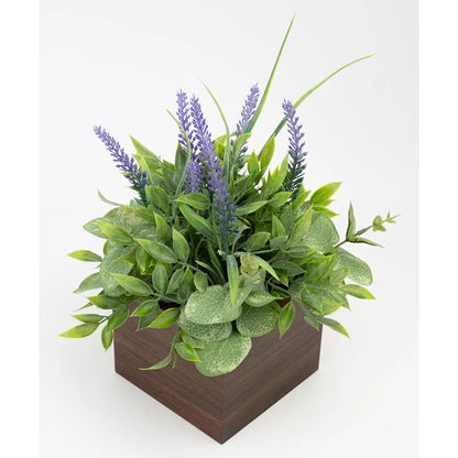 12 Inch Artificial Lavender Plant in Brown Wood Box Lifelike Eucalyptus Fig Leaves Indoor Decoration Perfect Home Office Party