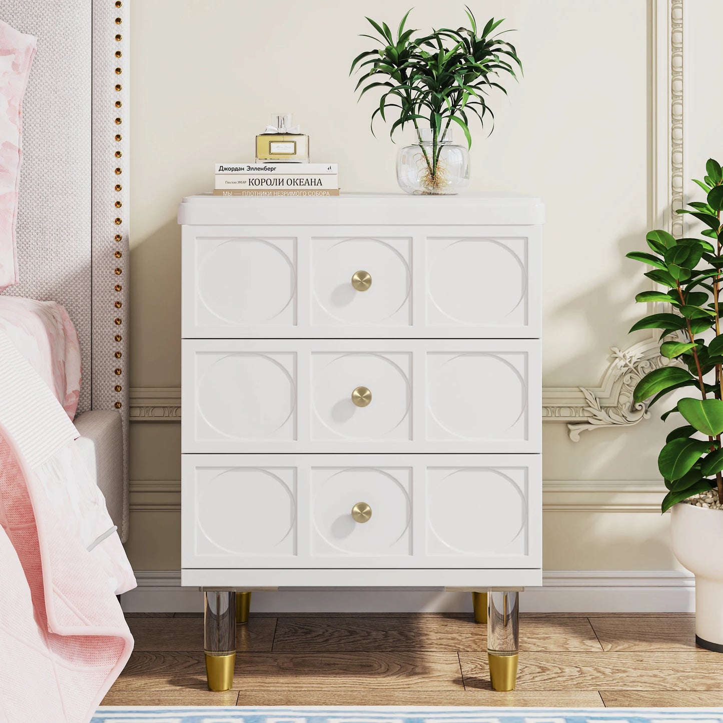 3-Drawer Nightstand Tall White and Gold Bedside Table with Drawers, Versatile Modern White Night Stand with Storage