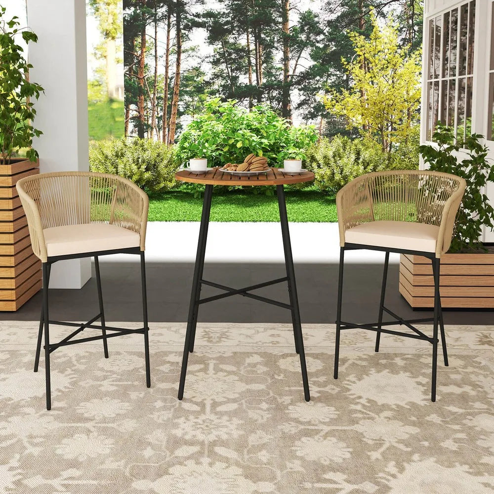 3 PCS Rope Woven Patio Bar Set w/ Soft Cushions and Acacia Wood Tabletop