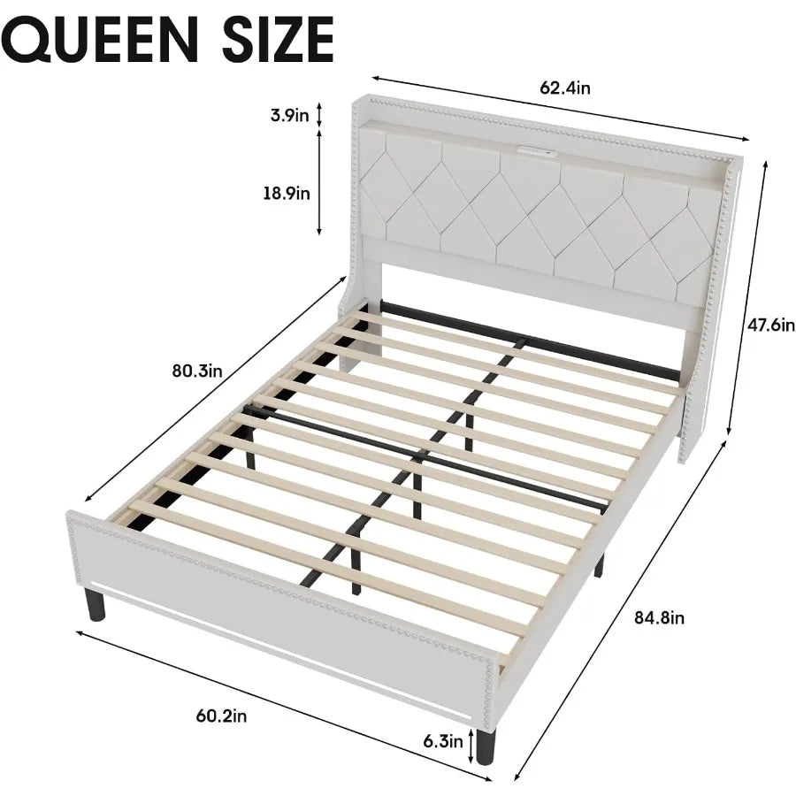 Queen Size Bed Frame with Integrated LED Lights Upholstered Headboard Builtin Charging Station Ample Storage Space Beneath the