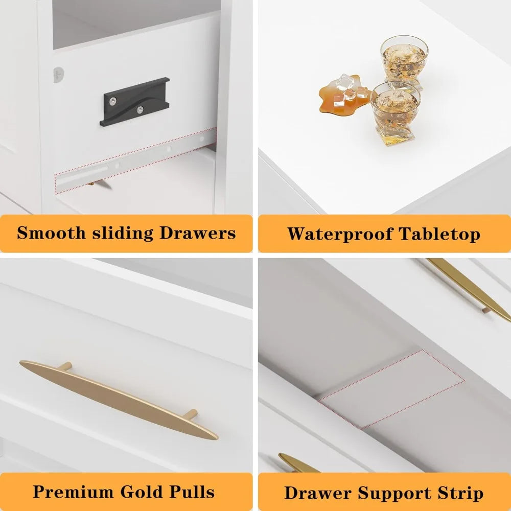 6 Drawer Dresser White and Gold, Tall Dresser , Wood Storage Cabinet