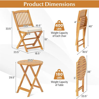 Folding Bistro Set, Outdoor Table and Chairs Set with Soft Cushions
