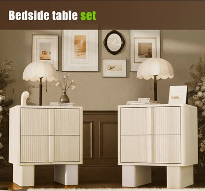 Set of 2 Fluted Nightstands w/ Charging, 2-Drawer End Tables w/ Reinforced Legs, Whitewashed Oak for Bedroom