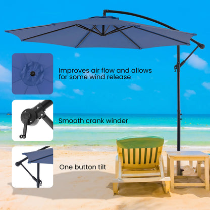 10FT Outdoor Patio Umbrella Hanging Cantilever with Easy Tilt Adjustment UV Protection 8 Sturdy Ribs for Backyard Garden