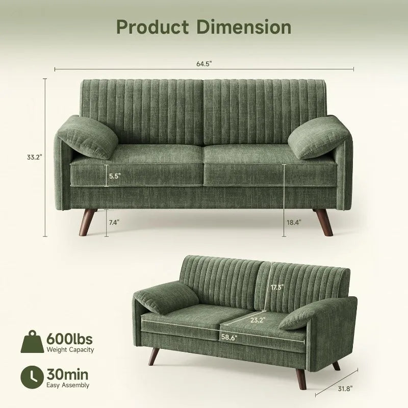 64.5" Loveseat Sofa, Chenille Loveseat Couch for Living Room, 23.2" Deep Seat Love Seat with Padded Arms