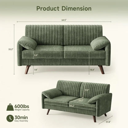 64.5" Loveseat Sofa, Chenille Loveseat Couch for Living Room, 23.2" Deep Seat Love Seat with Padded Arms