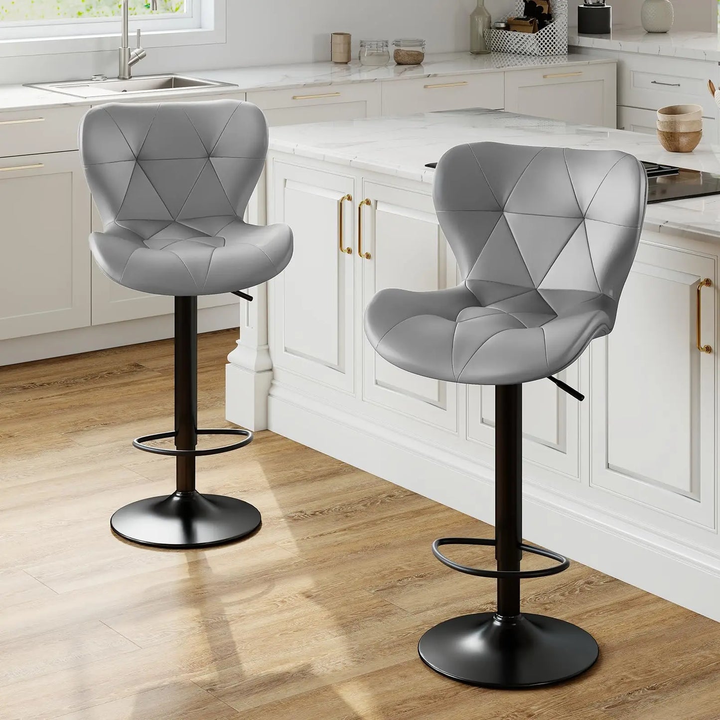 Ergonomic Faux Leather Dining Chairs Set of 2 Adjustable Upholstered Swivel with Curved Backrest Metal Legs For Kitchen