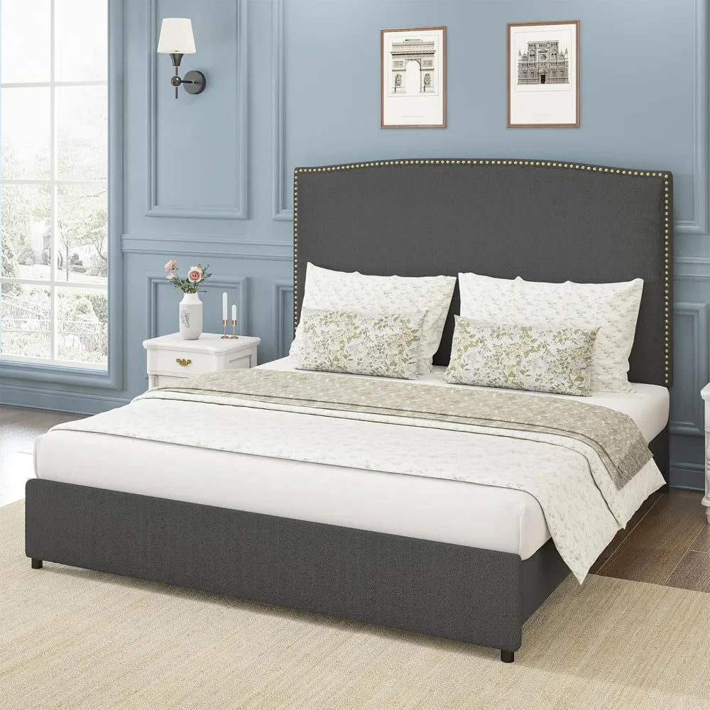 Full Size Upholstered Platform Bed Frame with 56" Headboard, Soft Boucle Fabric, Mid-Century Modern Design, No Box Spring Requir